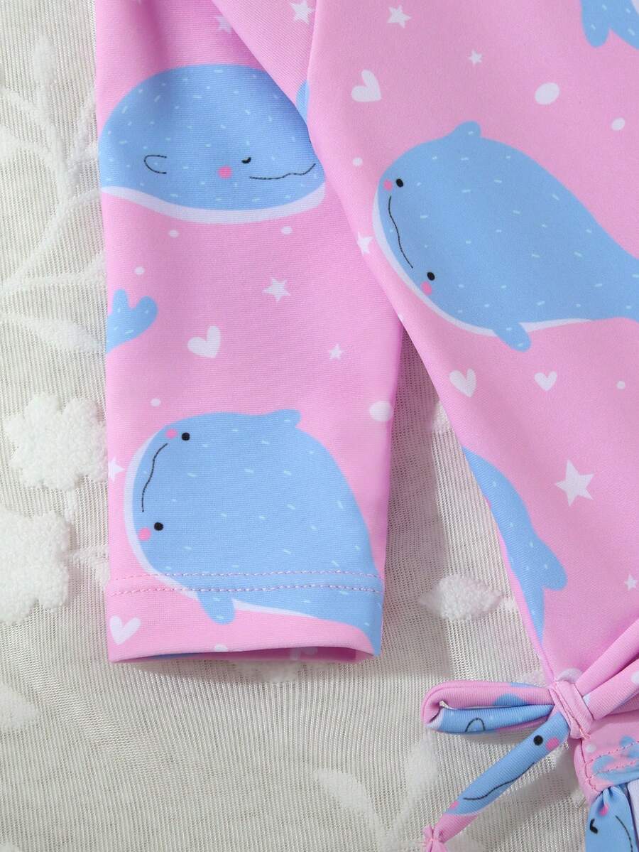 Baby Bow Print Long Sleeve One-Piece Swimsuit Set with Matching Swim Cap