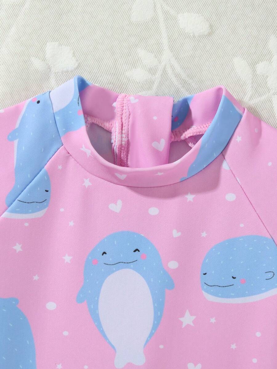 Baby Bow Print Long Sleeve One-Piece Swimsuit Set with Matching Swim Cap