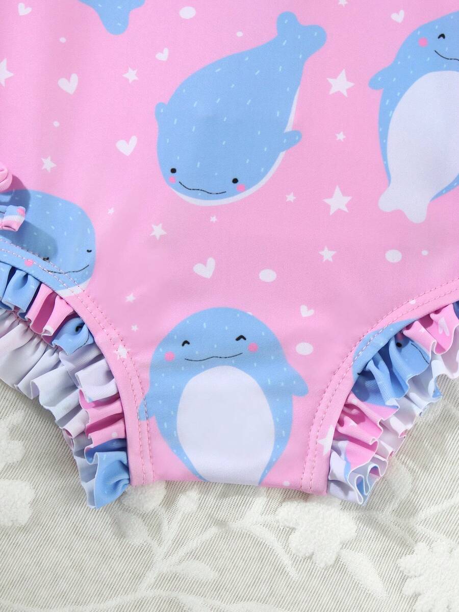 Baby Bow Print Long Sleeve One-Piece Swimsuit Set with Matching Swim Cap