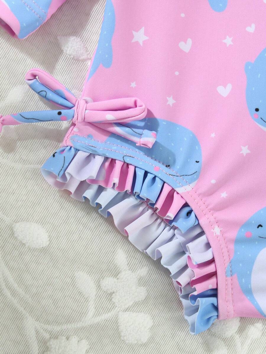 Baby Bow Print Long Sleeve One-Piece Swimsuit Set with Matching Swim Cap