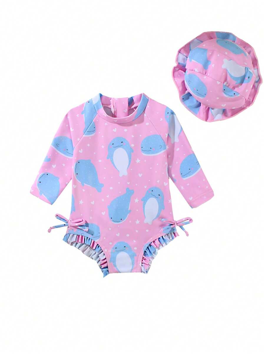 Baby Bow Print Long Sleeve One-Piece Swimsuit Set with Matching Swim Cap
