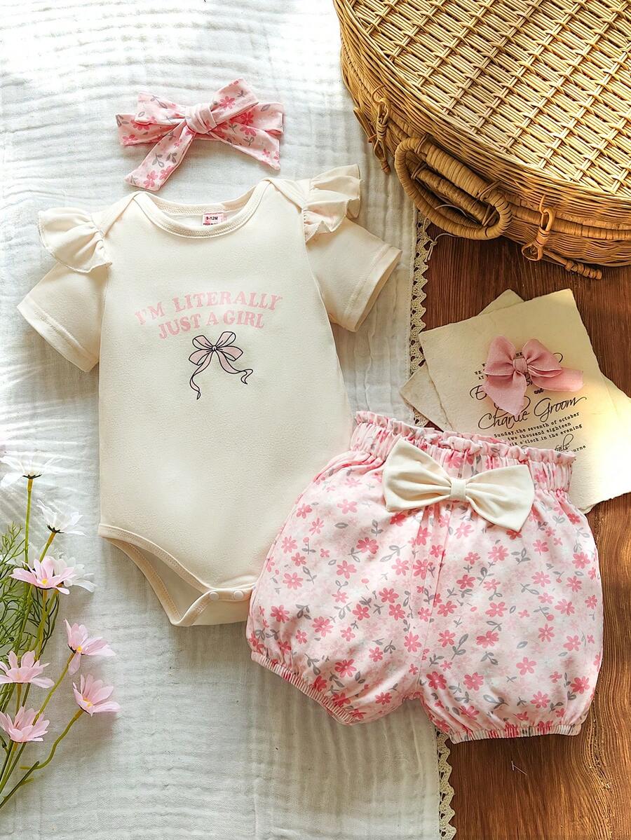 Cute Kids 3-Piece Casual Outfit Set For Toddlers – Embroidery Bodysuit, Soft Pants & Matching Bow Headband