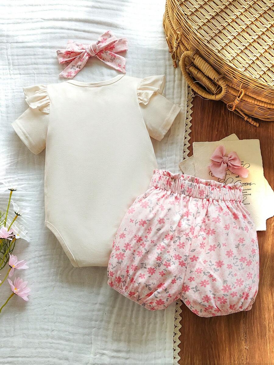 Cute Kids 3-Piece Casual Outfit Set For Toddlers – Embroidery Bodysuit, Soft Pants & Matching Bow Headband