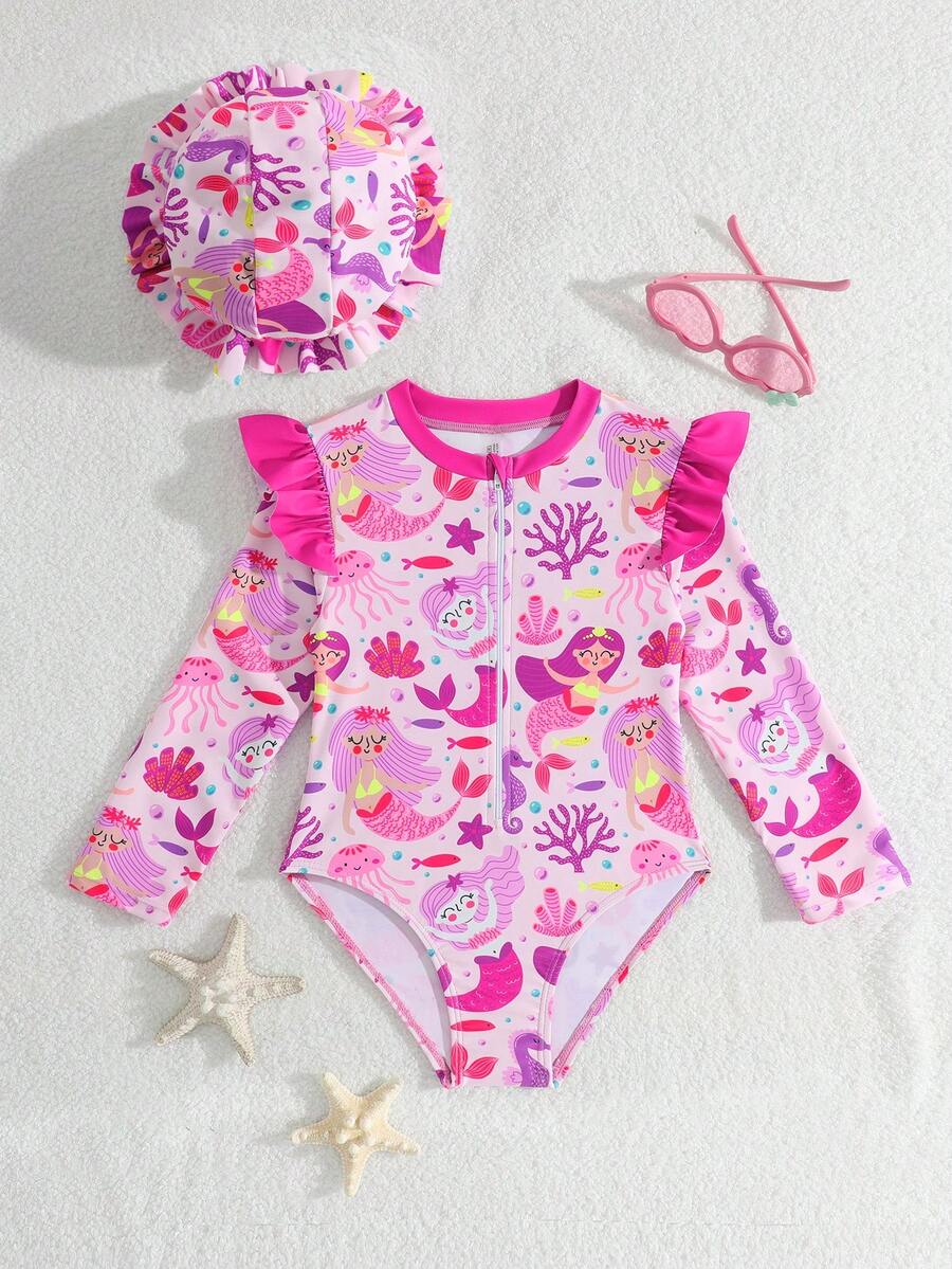 Baby Girls Floral Ruffle Long Sleeve Swimsuit With Hat Tropical Beachwear Set