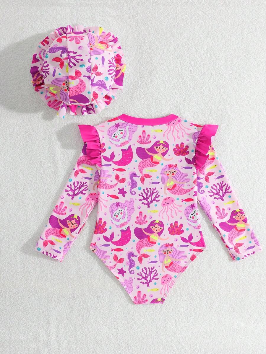 Baby Girls Floral Ruffle Long Sleeve Swimsuit With Hat Tropical Beachwear Set