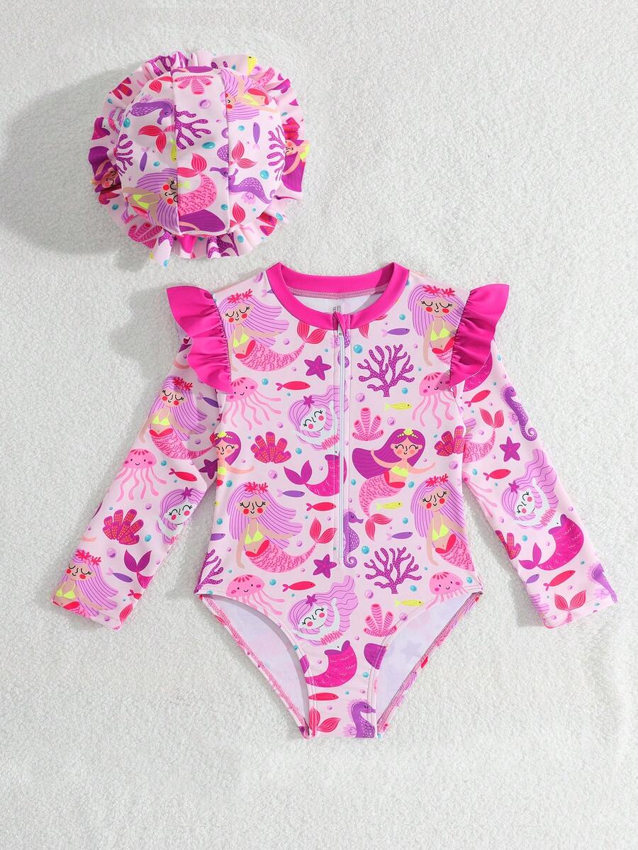Baby Girls Floral Ruffle Long Sleeve Swimsuit With Hat Tropical Beachwear Set