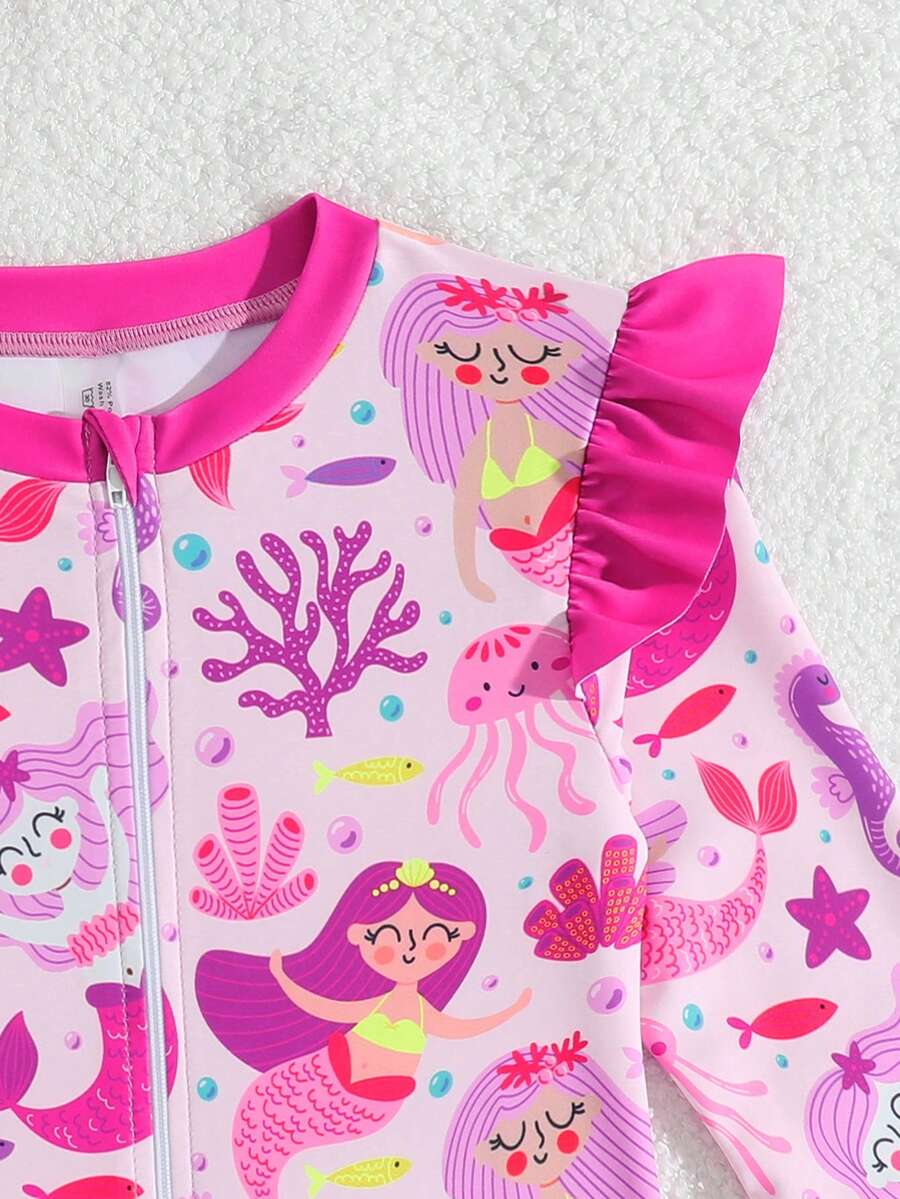 Baby Girls Floral Ruffle Long Sleeve Swimsuit With Hat Tropical Beachwear Set