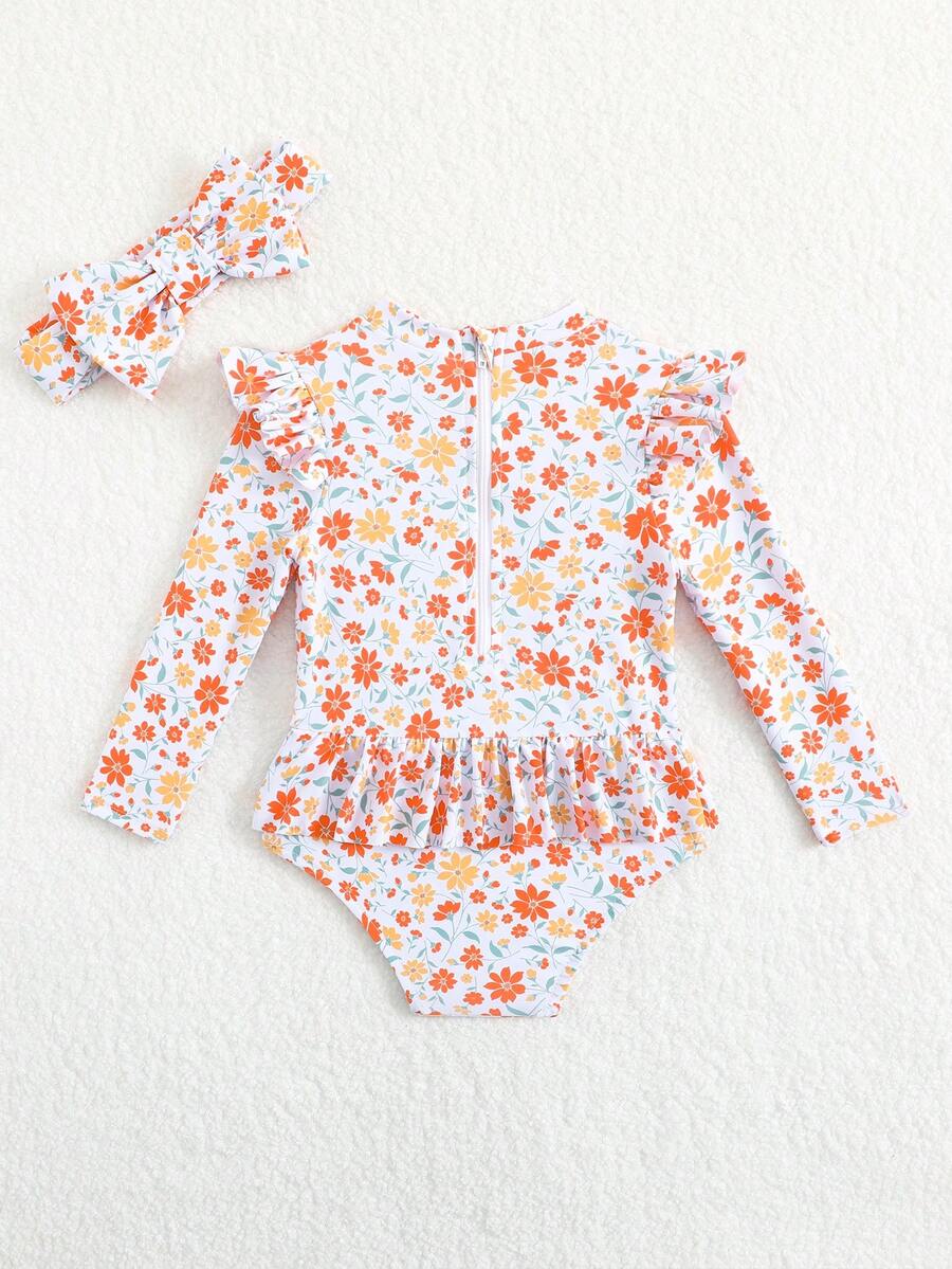 Little Girls Floral Ruffle Swimwear And Matching Headband Summer Vacation Outfit