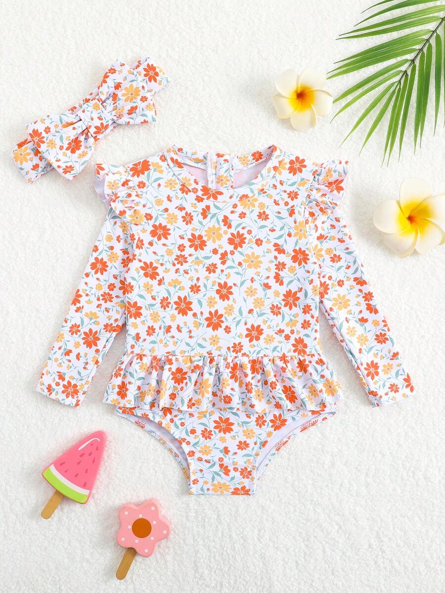 Little Girls Floral Ruffle Swimwear And Matching Headband Summer Vacation Outfit