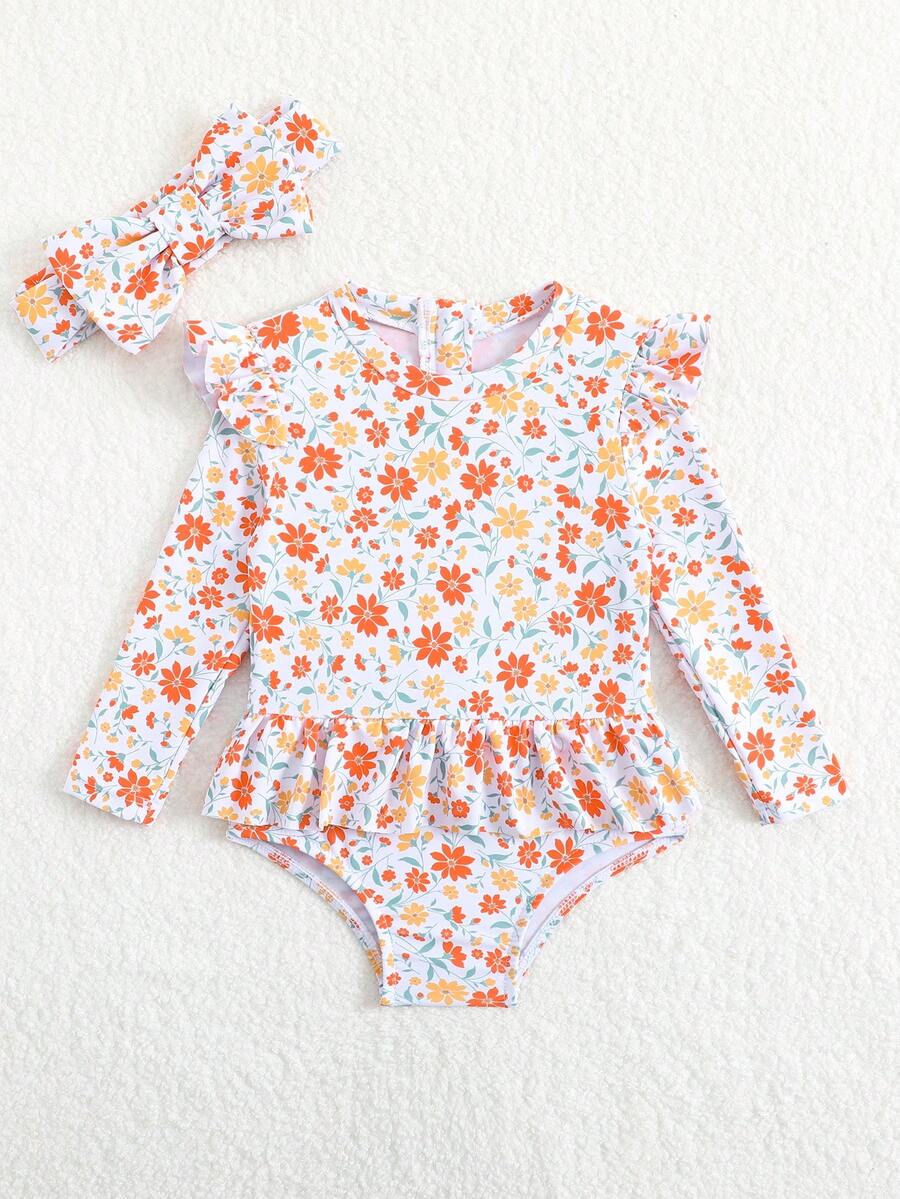Little Girls Floral Ruffle Swimwear And Matching Headband Summer Vacation Outfit