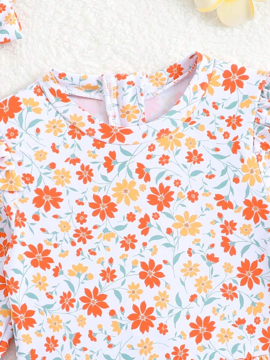 Little Girls Floral Ruffle Swimwear And Matching Headband Summer Vacation Outfit
