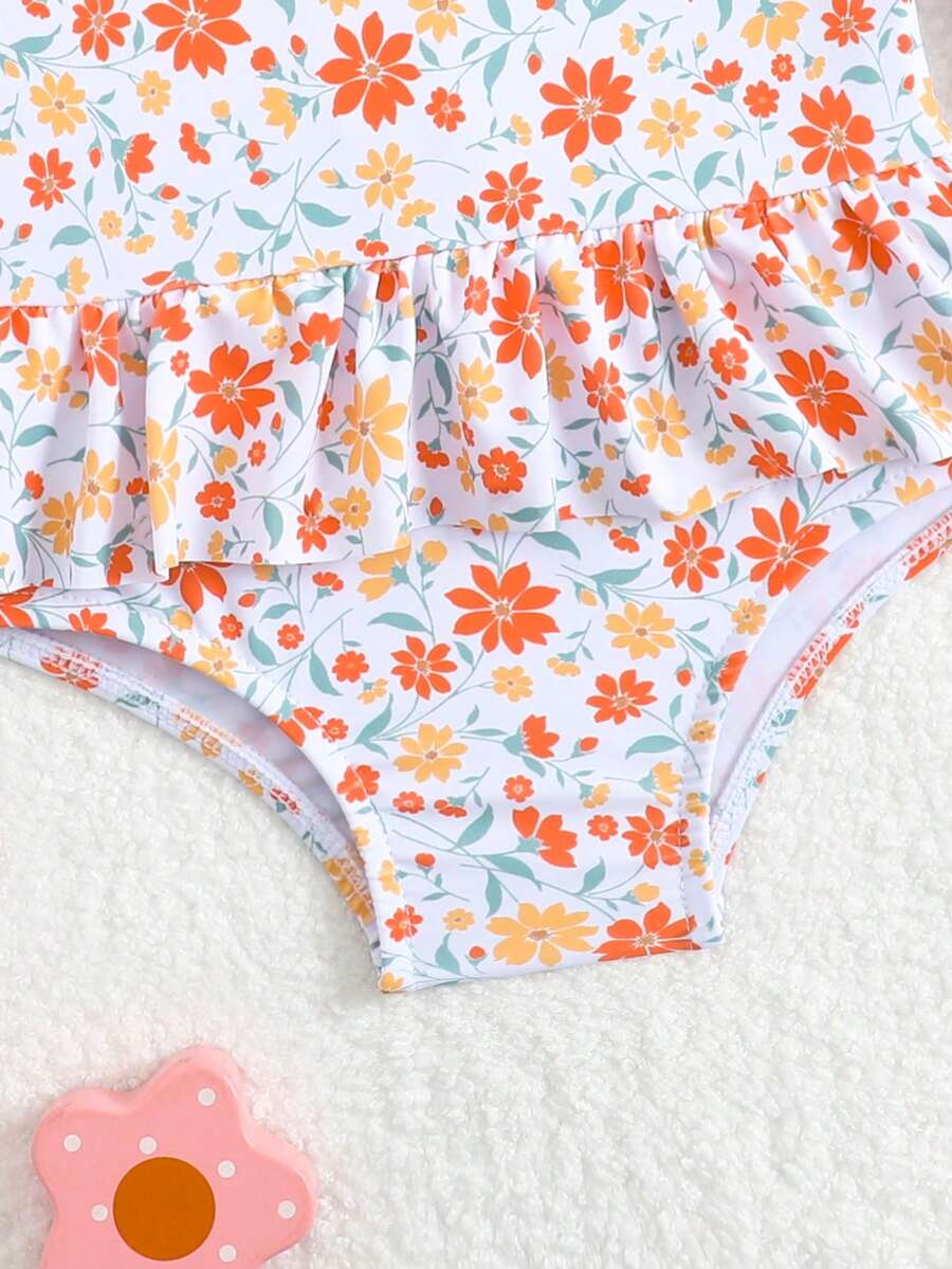 Little Girls Floral Ruffle Swimwear And Matching Headband Summer Vacation Outfit