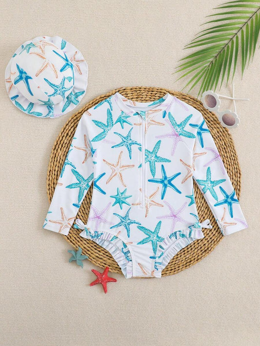 Toddler Girls Long Sleeve Butterfly One Piece Swimsuit Beach Vacation Outfit