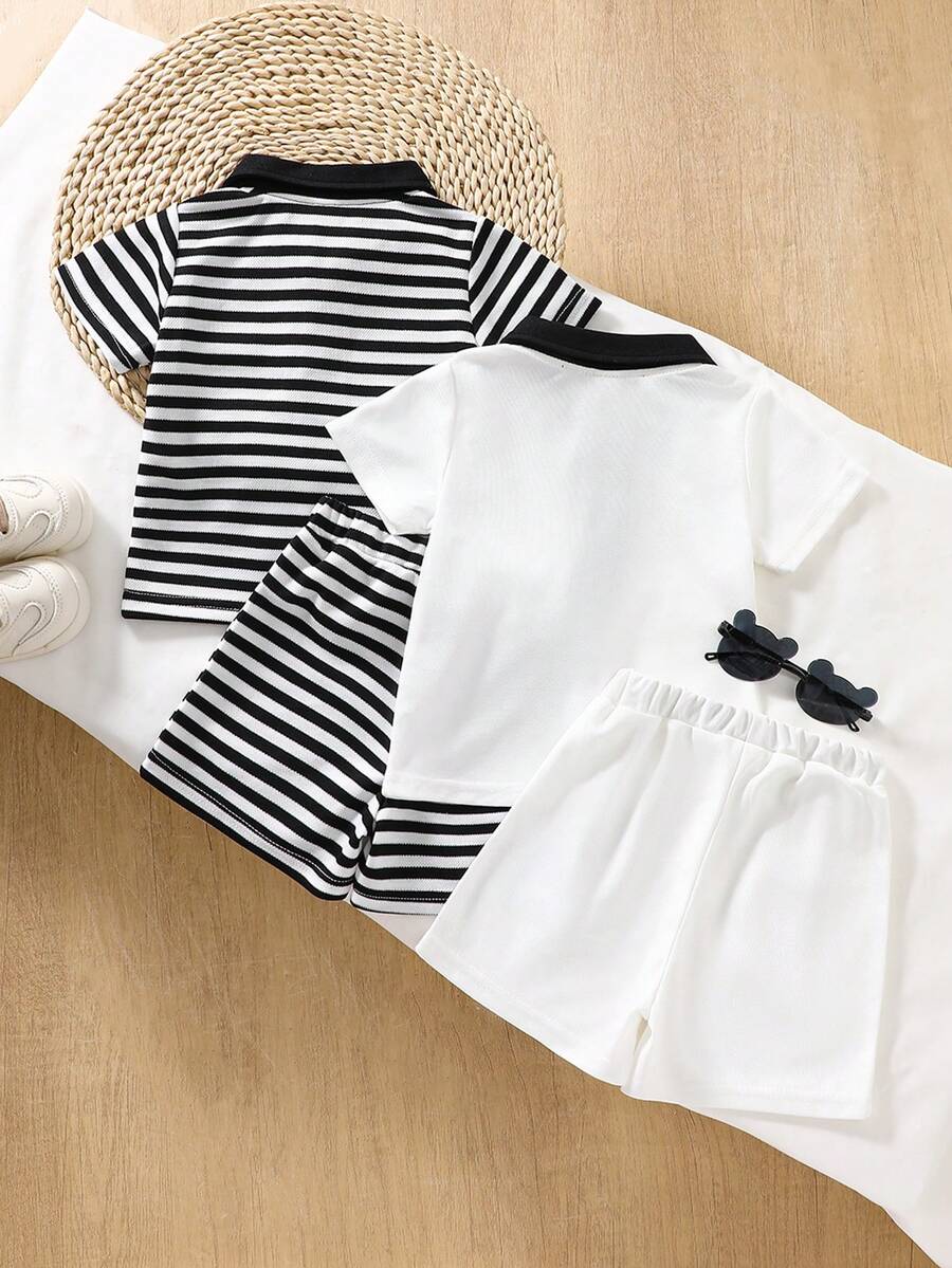 Infant Boys Casual Striped Short Sleeve Polo and Shorts Set with Bear Embroidery