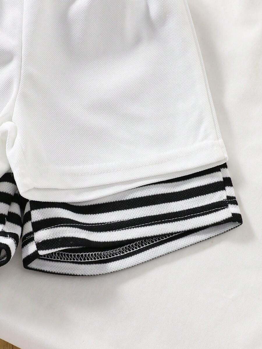 Infant Boys Casual Striped Short Sleeve Polo and Shorts Set with Bear Embroidery