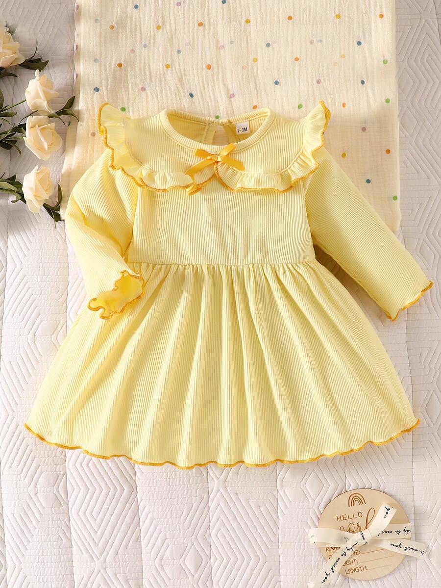 Baby Bow Contrast Doll Collar Dress for Elegant Fall and Winter Daily Wear