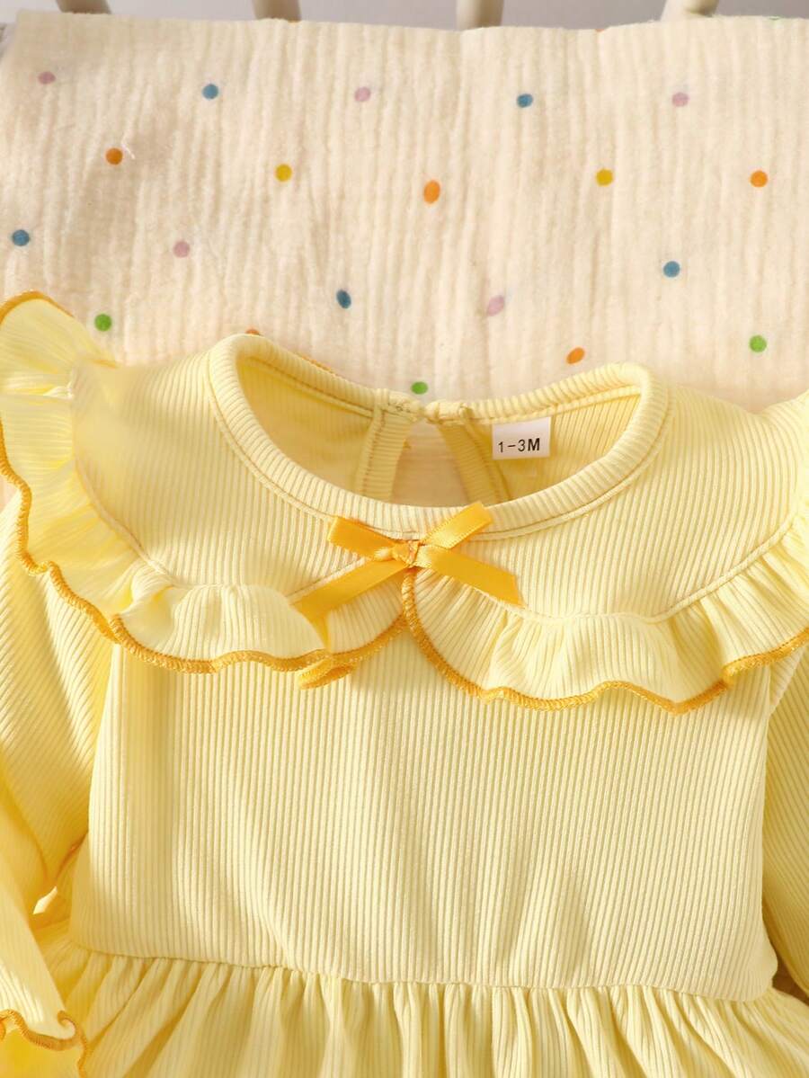 Baby Bow Contrast Doll Collar Dress for Elegant Fall and Winter Daily Wear