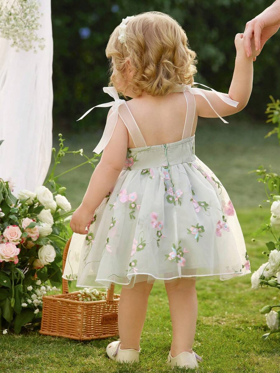 Infant Girl 1-Piece Square Neck Puff Sleeve Mesh Dress for Formal Occasions
