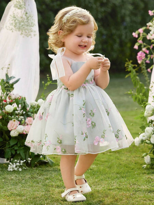 Infant Girl 1-Piece Square Neck Puff Sleeve Mesh Dress for Formal Occasions