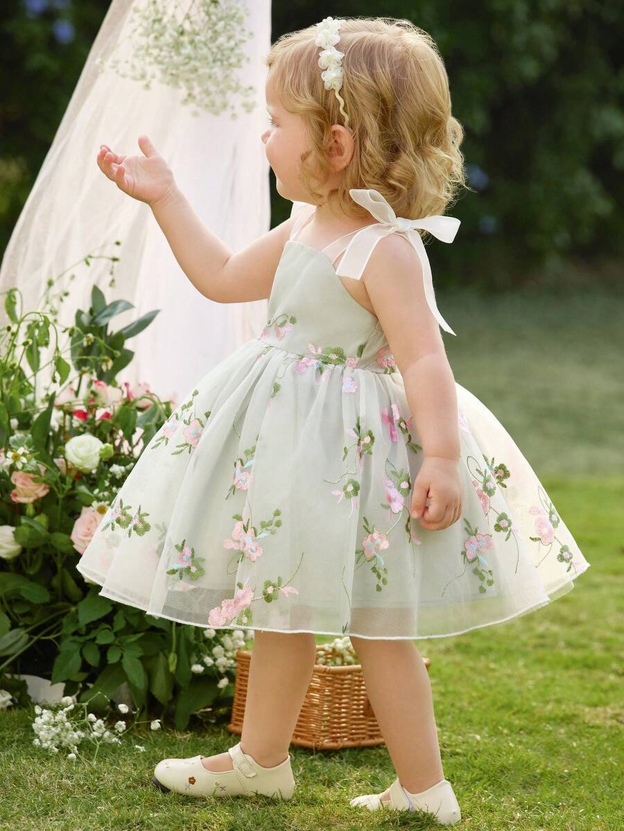 Infant Girl 1-Piece Square Neck Puff Sleeve Mesh Dress for Formal Occasions