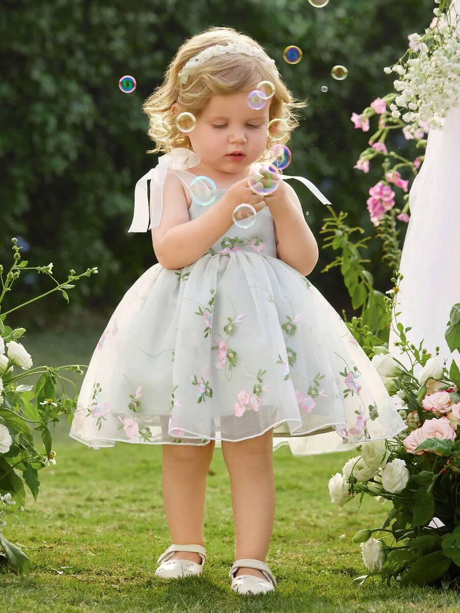 Infant Girl 1-Piece Square Neck Puff Sleeve Mesh Dress for Formal Occasions