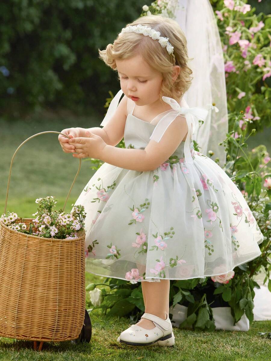 Infant Girl 1-Piece Square Neck Puff Sleeve Mesh Dress for Formal Occasions