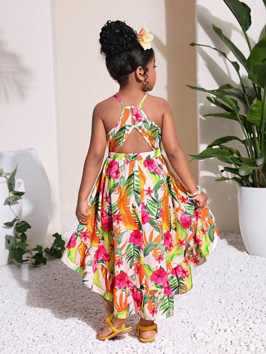 Little Girls Tropical Halter Sundress With High Low Hem Beach Vacation Wear