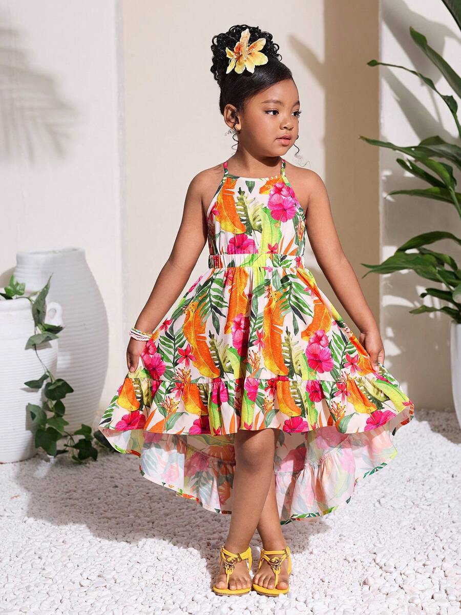 Little Girls Tropical Halter Sundress With High Low Hem Beach Vacation Wear