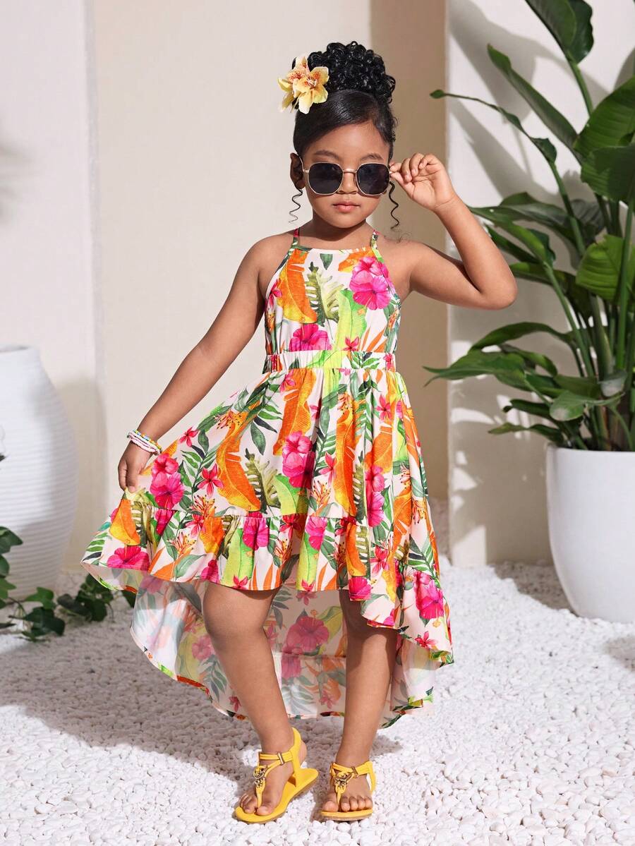 Little Girls Tropical Halter Sundress With High Low Hem Beach Vacation Wear