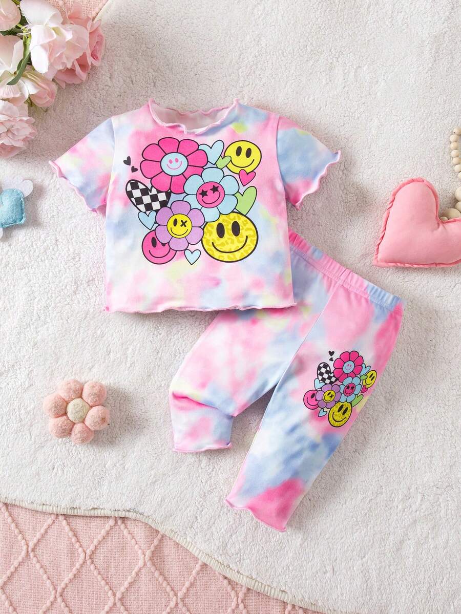 2PCS Baby Daisy Print T-Shirt and Shorts Set for Summer Daily Wear