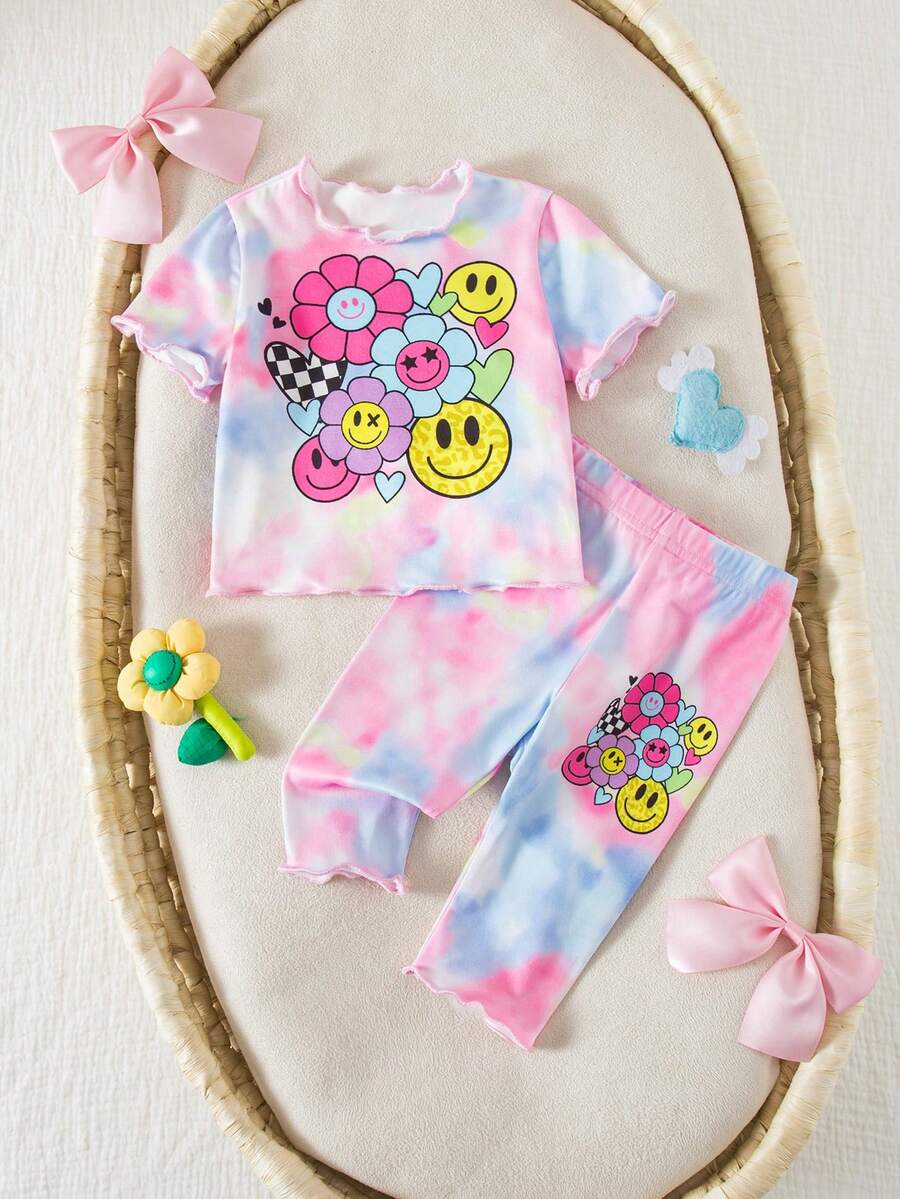 2PCS Baby Daisy Print T-Shirt and Shorts Set for Summer Daily Wear