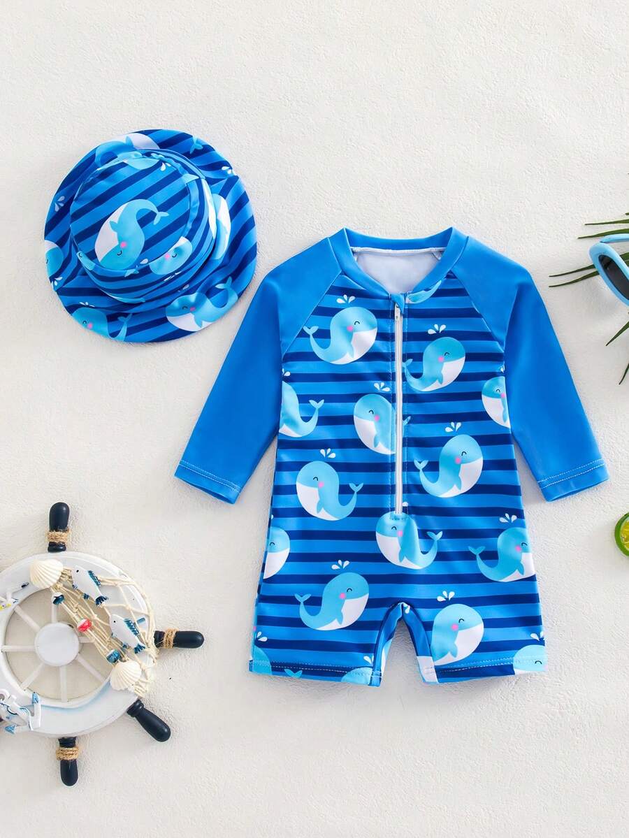 Baby Striped Dolphin Print One-Piece Swimsuit for Beach Vacation and Pool Days