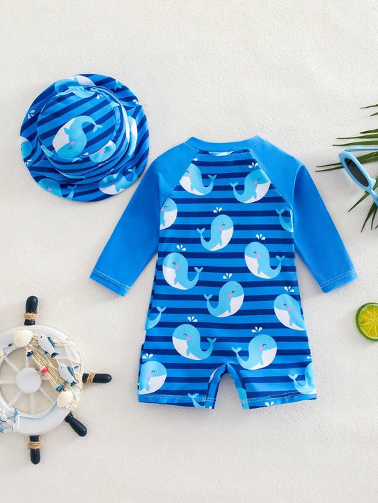 Baby Striped Dolphin Print One-Piece Swimsuit for Beach Vacation and Pool Days