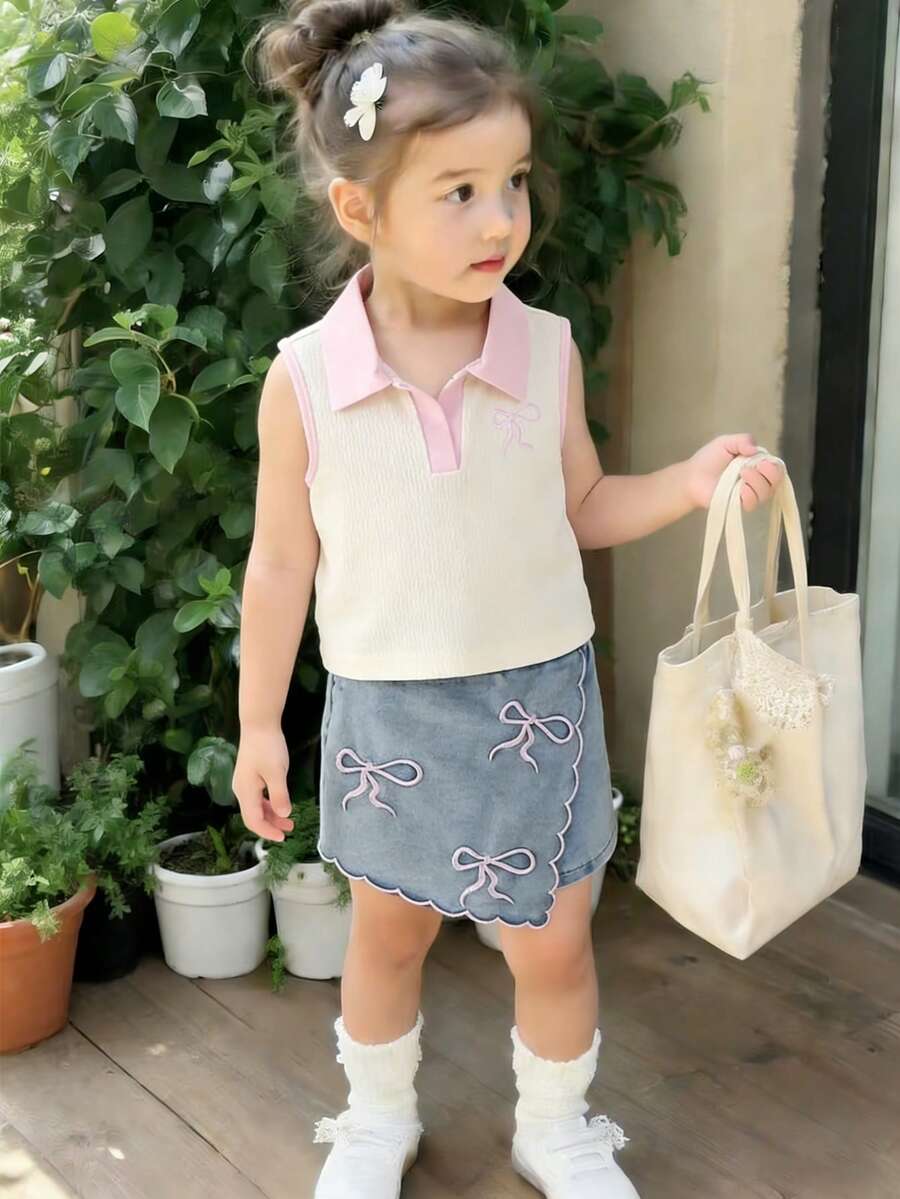 Toddler Girls Textured Knit Vest Top And Denim Skort Flower Embroidered Summer Outfit Set