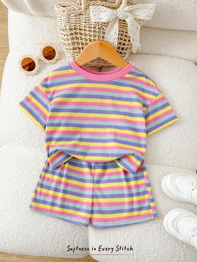 Rainbow Top And Elastic Waist Shorts Set For Toddler Girls Casual Wear