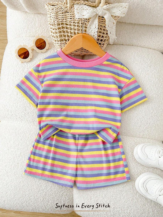 Rainbow Top And Elastic Waist Shorts Set For Toddler Girls Casual Wear