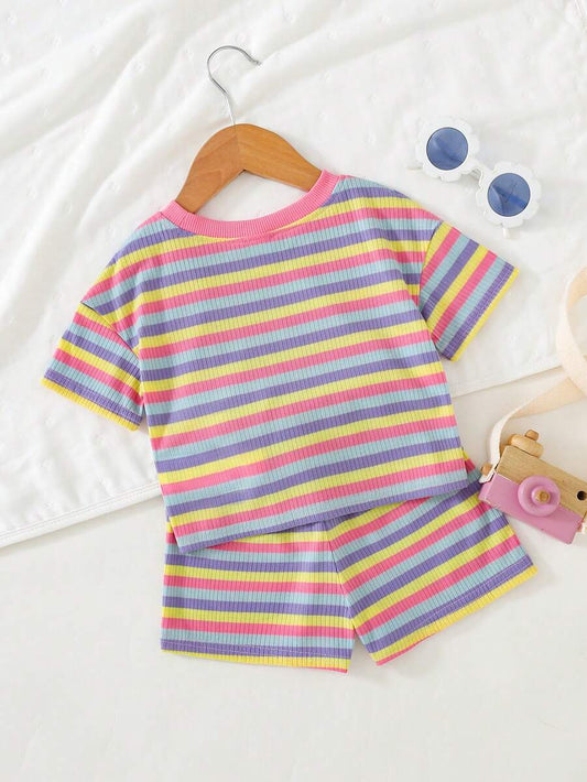 Rainbow Top And Elastic Waist Shorts Set For Toddler Girls Casual Wear