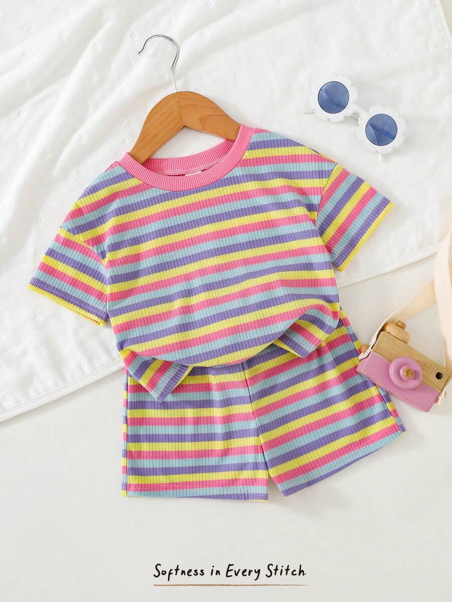 Rainbow Top And Elastic Waist Shorts Set For Toddler Girls Casual Wear