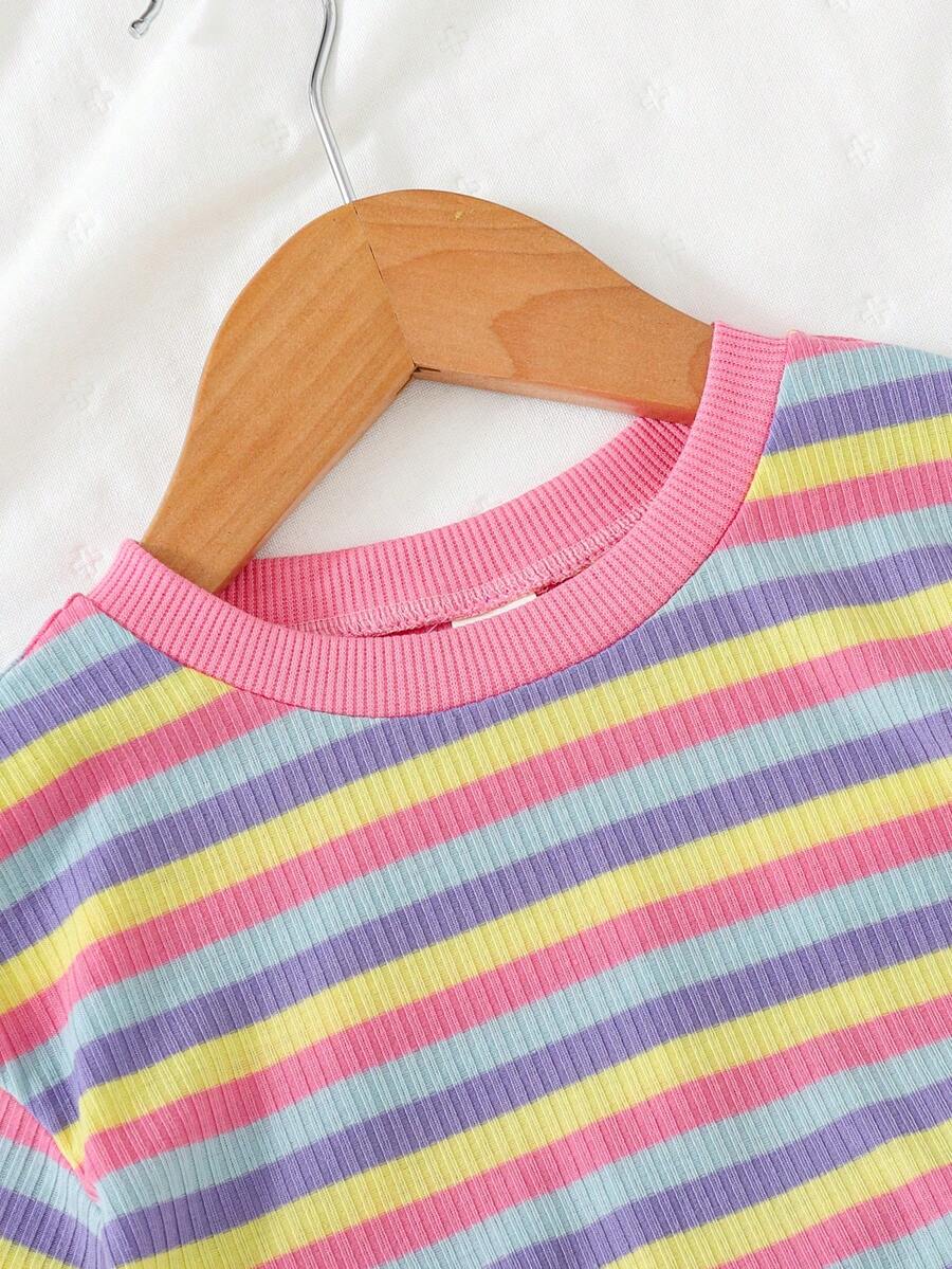 Rainbow Top And Elastic Waist Shorts Set For Toddler Girls Casual Wear