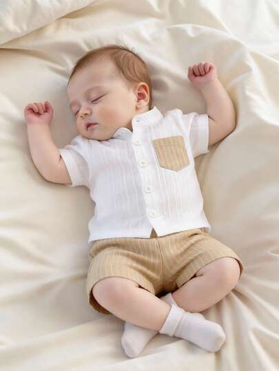 2PCS Baby Boy Gentleman Style Shirt and Shorts Set for Stylish Summer Daily Wear