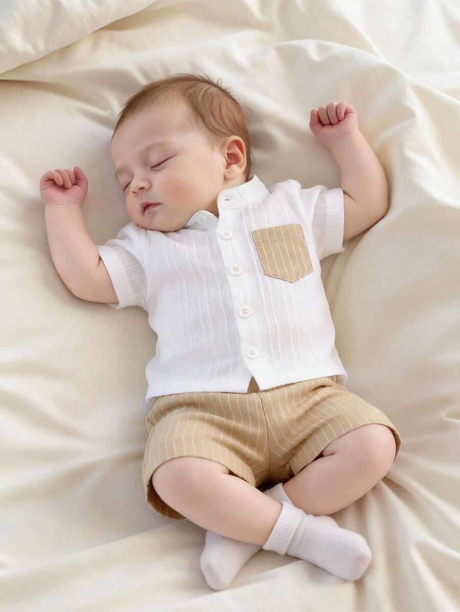 2PCS Baby Boy Gentleman Style Shirt and Shorts Set for Stylish Summer Daily Wear