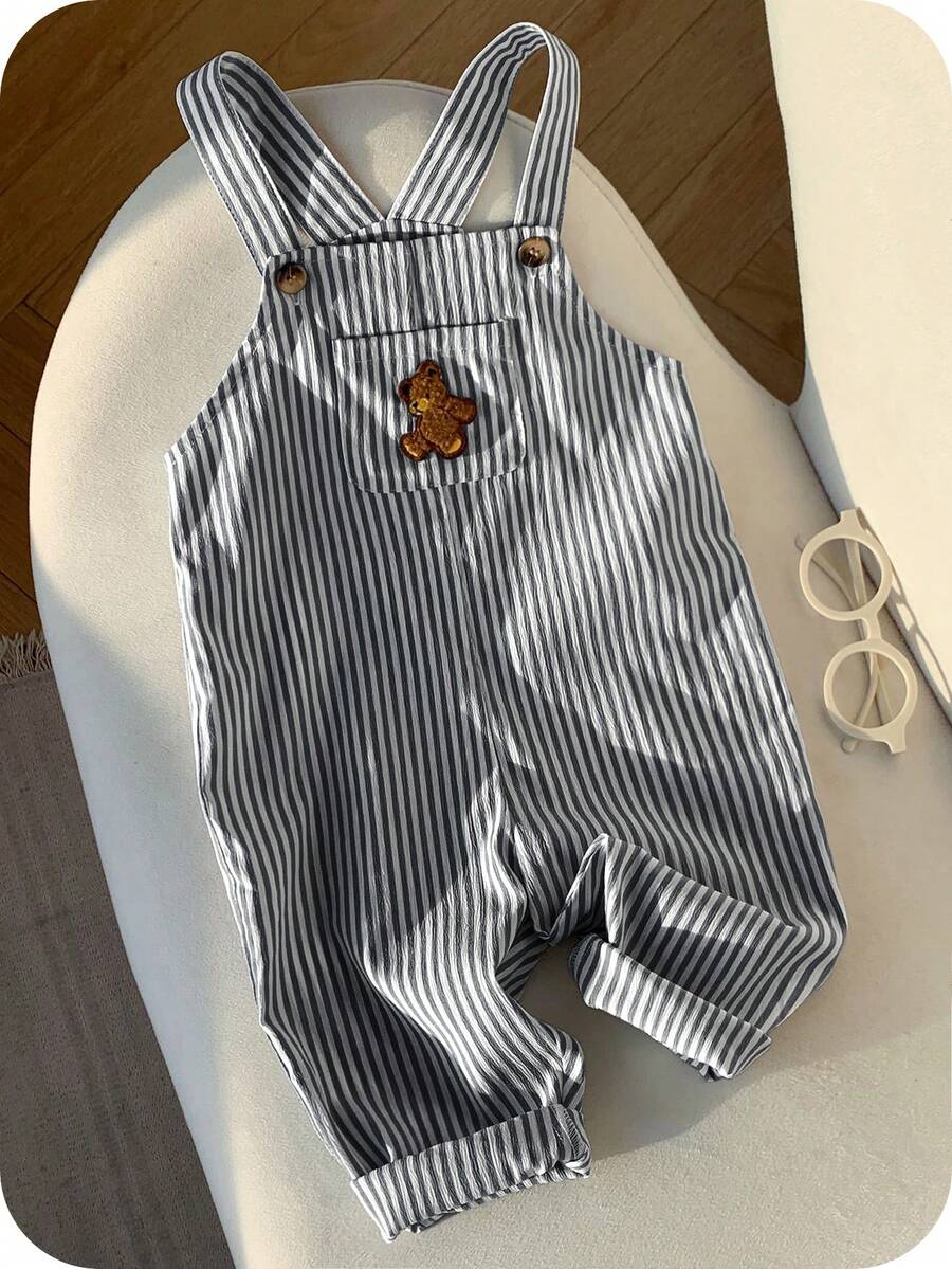 Striped Baby Boys Jumpsuit With Cartoon Bear Design Casual Kids Outfit