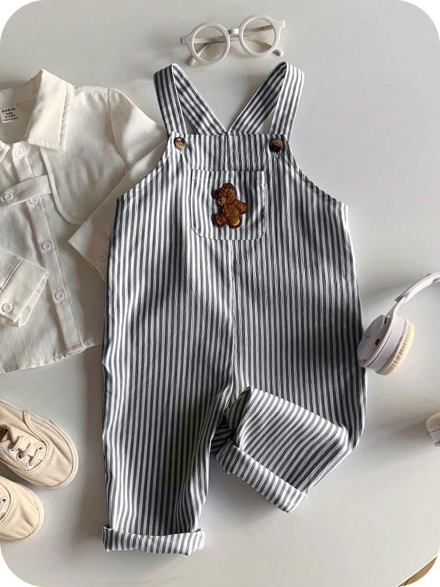 Striped Baby Boys Jumpsuit With Cartoon Bear Design Casual Kids Outfit