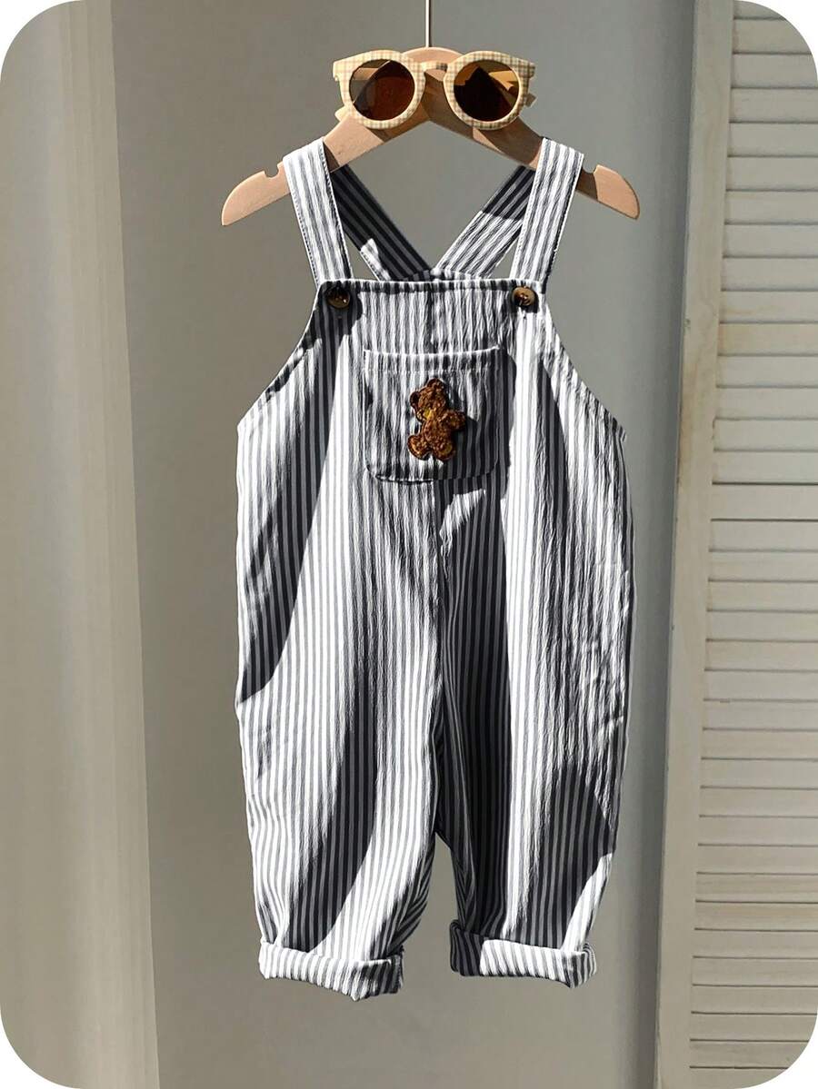 Striped Baby Boys Jumpsuit With Cartoon Bear Design Casual Kids Outfit
