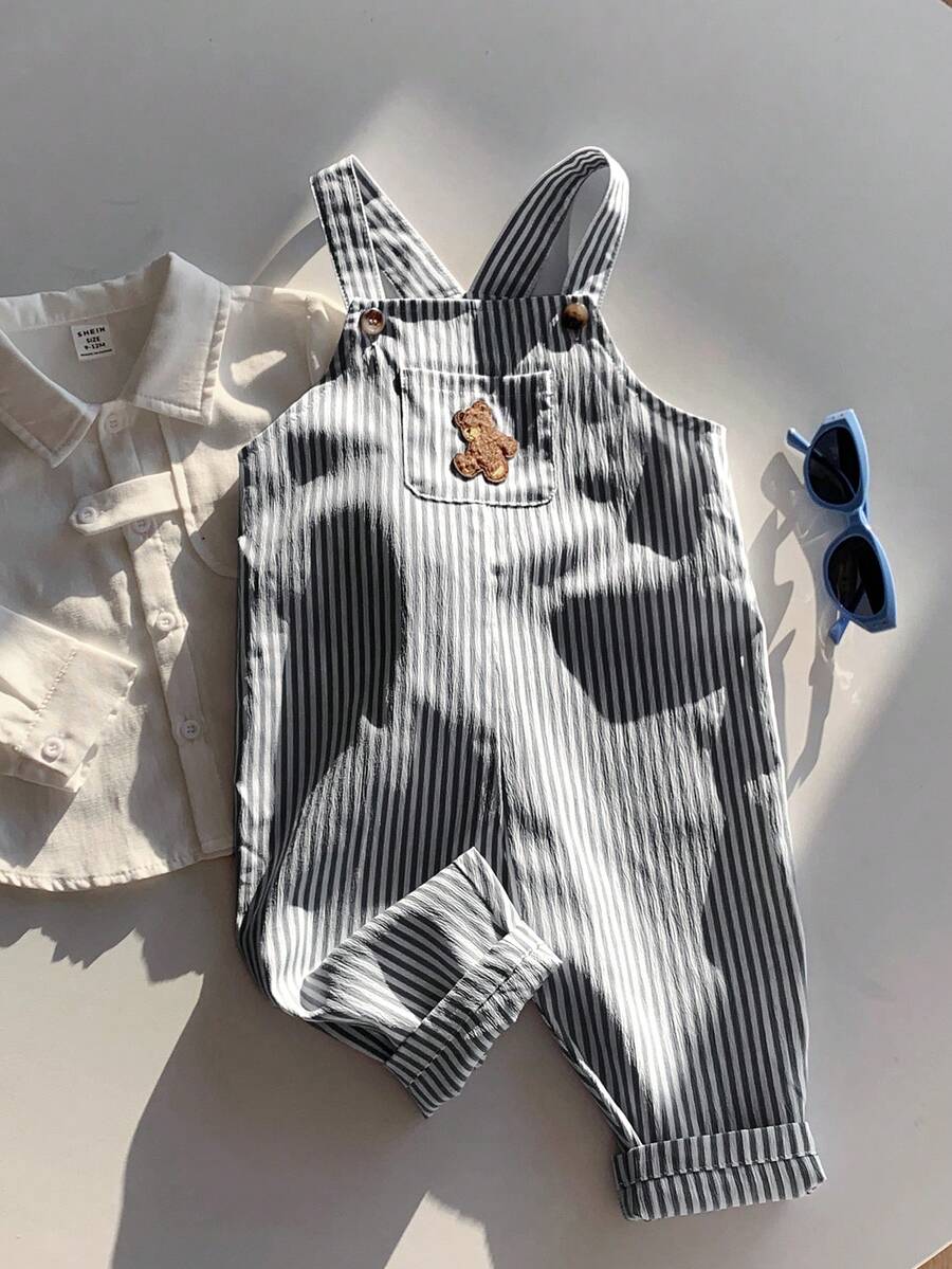 Striped Baby Boys Jumpsuit With Cartoon Bear Design Casual Kids Outfit