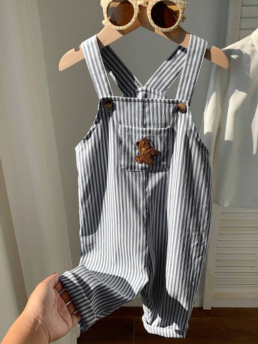 Striped Baby Boys Jumpsuit With Cartoon Bear Design Casual Kids Outfit