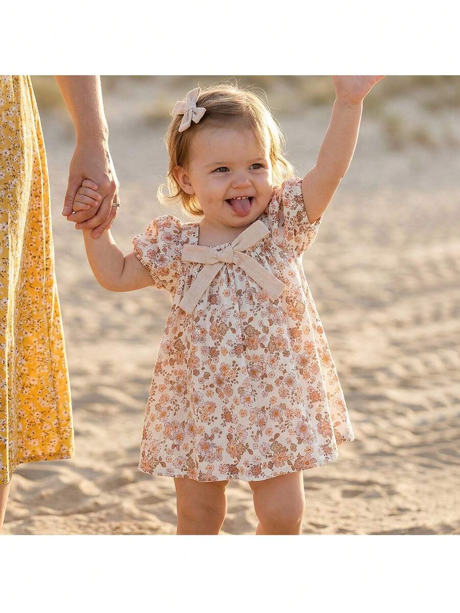 Baby Girl Plaid Bow Detail Short Sleeve Dress Cute Summer Vacation Outfit