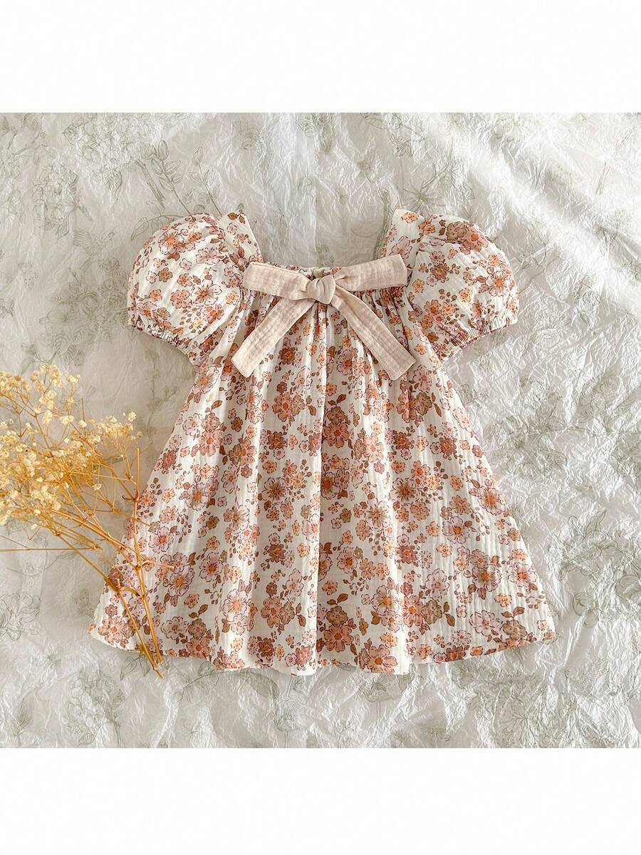 Baby Girl Plaid Bow Detail Short Sleeve Dress Cute Summer Vacation Outfit