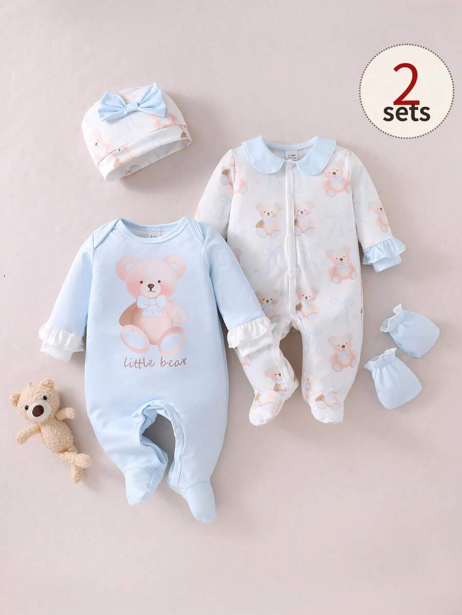 4PCS Newborn Bear & Bow Print Romper Set with Hat & Mittens