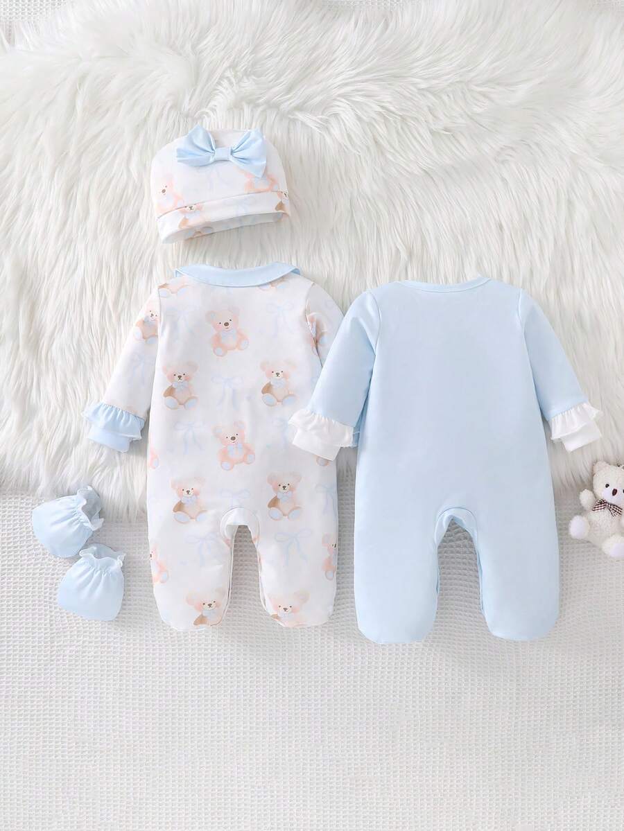 4PCS Newborn Bear & Bow Print Romper Set with Hat & Mittens
